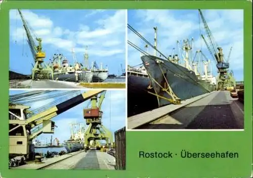 Ak Hansestadt Rostock, Überseehafen, Schiffe, Kräne, Hafenansicht