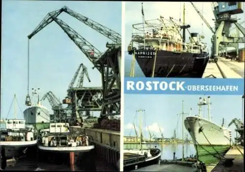 Ak Hansestadt Rostock, Hafenansicht mit Schiffe, Kranen, NAPRIJED, Rostock-Überseehafen
