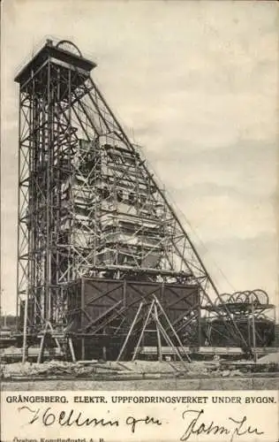 Ak Grängesberg Schweden, elektrischer Turm im Bau