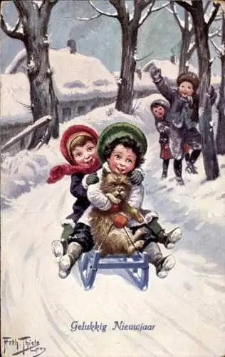 Künstler Ak Thiele, Arthur, Kinder auf Schlitten, Hund