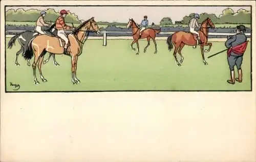 Künstler Ak Pferde im Trab auf dem Platz, Reiter