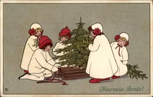 Ak Frohes Neues Jahr, Kinder mt Tanne auf Schlitten