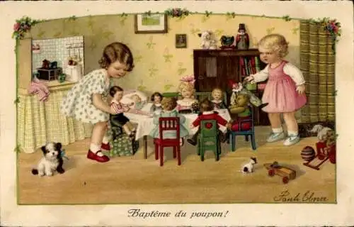 Künstler Ak Ebner, Pauli, Bapteme du poupon, Mädchen, Puppen