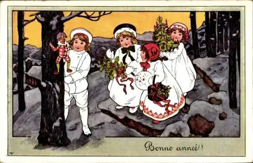 Ak Frohes Neujahr, Kinder im Wald