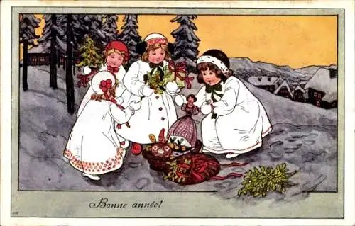 Ak Frohes Neujahr, Kinder im Schnee mit Geschenken