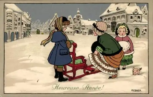 Künstler Ak Ebner, Pauli, Glückwunsch Neujahr, Kinder mit Schlitten, Schwein