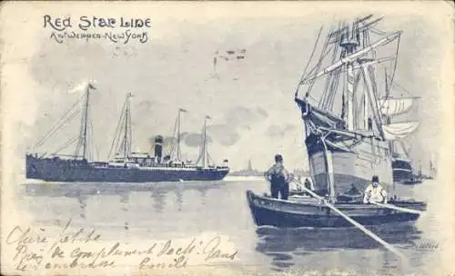 Künstler Ak Red Star Line Antwerpen nach New York, Dampfer, Segelschiff