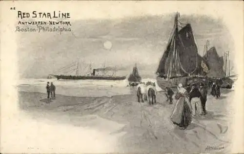 Künstler Ak Red Star Line Antwerpen New York, Boston Philadelphia, Dampfer, Segelschiff
