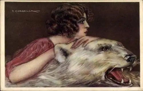 Künstler Ak Corbella, T., Brünette Frau auf einem Eisbärenfell