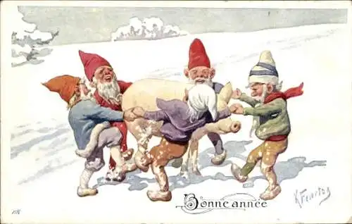 Künstler Ak Feiertag K., Zwerge tanzen um Schwein, Frohe Weihnachten, BKWI 2932-6