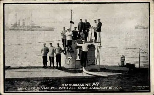 Ak British submarine, HM A7, Mannschaft, Plymouth 16. Januar 1914
