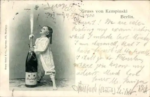 Ak Berlin Tiergarten, Gruß von Kempinski, Kind öffnet Sektflasche