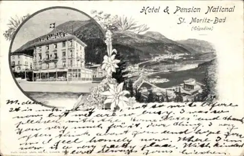 Litho Sankt Moritz Bad Kanton Graubünden, Hotel und Pension National, Panorama