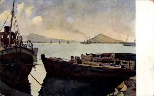 Künstler Ak O. Matoušek, Wladiwostok Russland, Dampfschiffe im Hafen