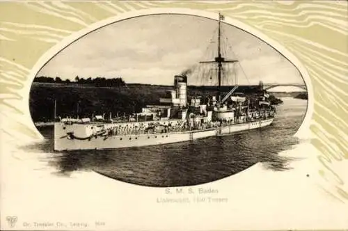 Passepartout Ak Deutsches Kriegsschiff, SMS Baden, Großlinienschiff, Trenkler 9648