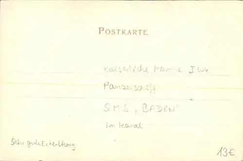Passepartout Ak Deutsches Kriegsschiff, SMS Baden, Großlinienschiff, Trenkler 9648