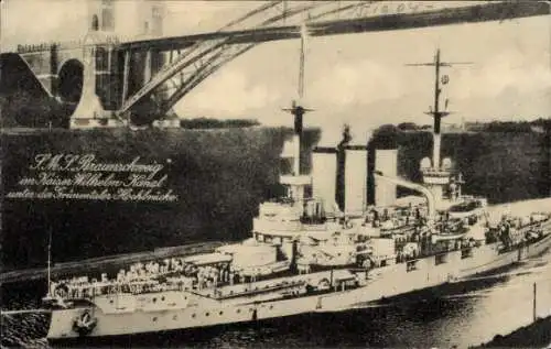 Ak Deutsches Kriegsschiff, SMS Braunschweig, Kaiser Wilhelm Kanal, Grünentaler Hochbrücke