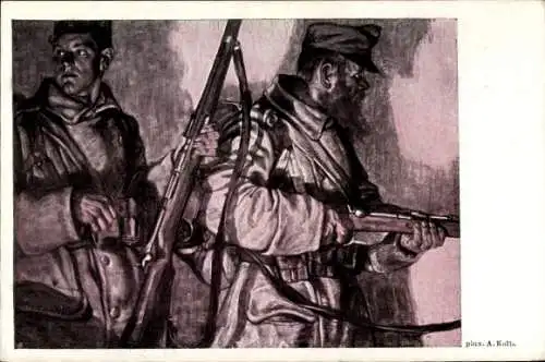 Künstler Ak Kolb, A., Vater und Sohn bei derselben Landsturmkompagnie, KuK Armee