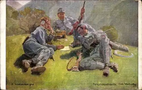 Künstler Ak Schattenstein, N., KuK Armee, Telephonpatrouille, Feldtelefon, Alpenkrieg