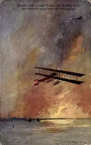 Künstler Ak Heusser, Harry, österr.-ungar. Marineflugzeuge, Lohner, Bombardierung Arsenal v. Venedig