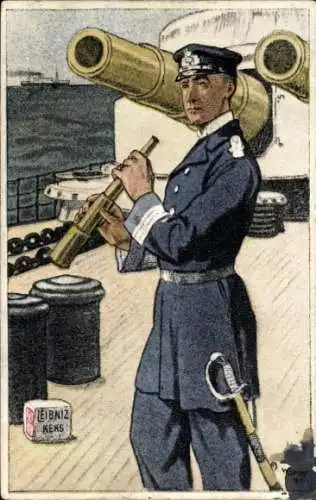 Künstler Ak Georgi, W., Reklame Leibniz Keks, Seeoffizier an Deck eines deutsschen Kriegsschiffes