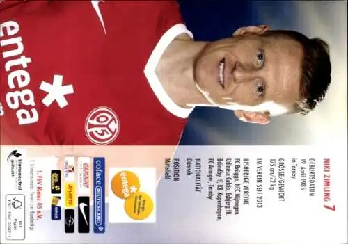 Autogrammkarte Fußballer Niki Zimling, 1. FSV Mainz 05