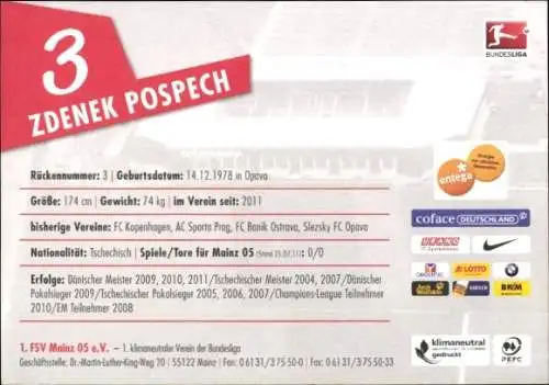 Autogrammkarte Fußballer Zdenek Pospech, 1. FSV Mainz 05