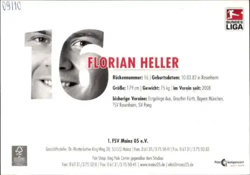 Autogrammkarte Fußballer Florian Heller, 1. FSV Mainz 05