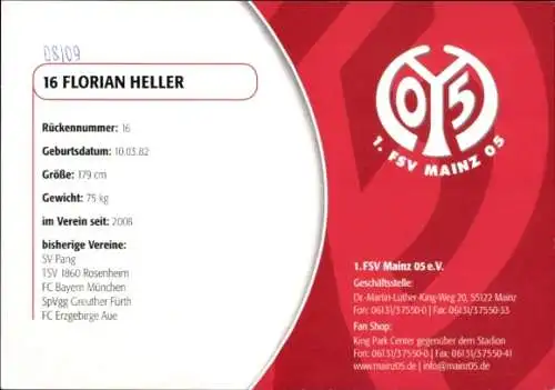Autogrammkarte Fußballer Florian Heller, 1. FSV Mainz 05