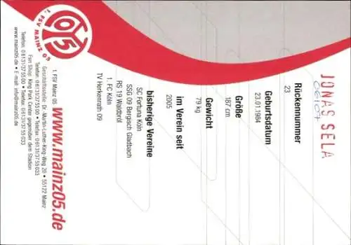 Autogrammkarte Fußballer Jonas Sela, 1. FSV Mainz 05