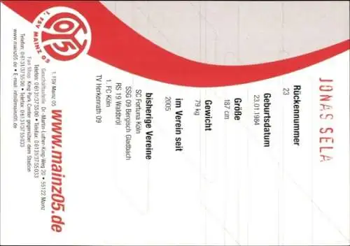 Autogrammkarte Fußballer Jonas Sela, 1. FSV Mainz 05