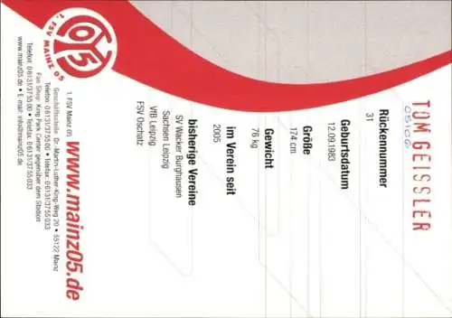 Autogrammkarte Fußballer Tom Geissler, 1. FSV Mainz 05