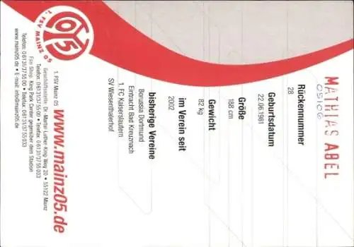 Autogrammkarte Fußballer Mathias Abel, 1. FSV Mainz 05