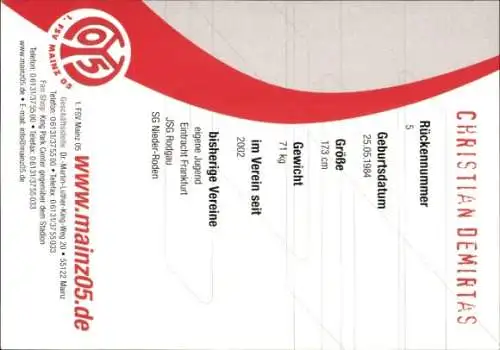 Autogrammkarte Fußballer Christian Demirtas, 1. FSV Mainz 05