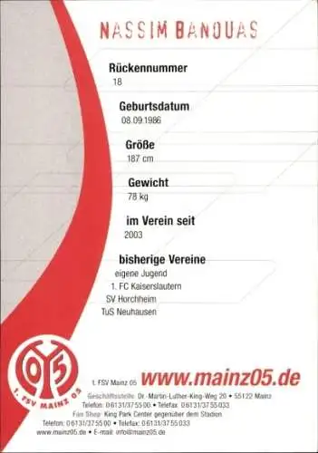 Autogrammkarte Fußballer Nassim Banouas, 1. FSV Mainz 05, Autogramm