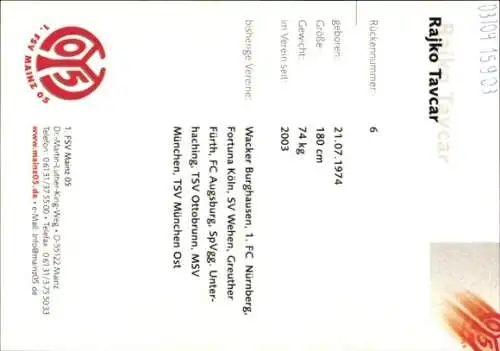 Autogrammkarte Fußballer Rajko Tavcar, 1. FSV Mainz 05, Autogramm