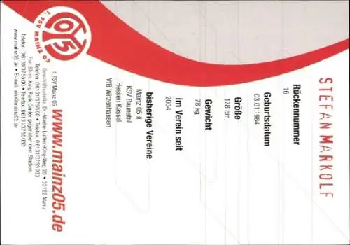 Autogrammkarte Fußballer Stefan Markolf, 1. FSV Mainz 05, Autogramm
