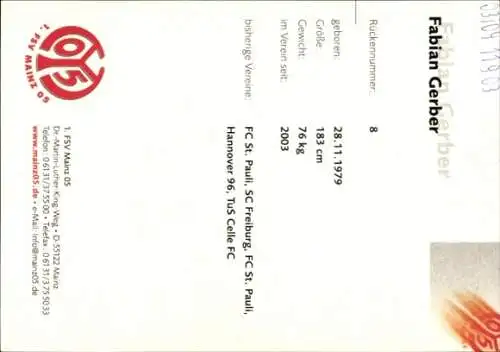 Autogrammkarte Fußballer Fabian Gerber, 1. FSV Mainz 05, Autogramm