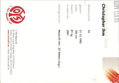 Autogrammkarte Fußballer Christopher Ihm, 1. FSV Mainz 05, Autogramm
