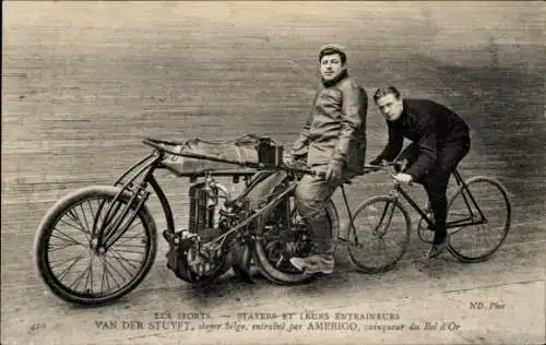 Ak Bahnradfahrer Van der Stuyft, Belgischer Steher, mit Trainer Amerigo, Motorrad, Schrittmacher