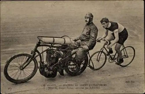 Ak Bahnradfahrer Jeack, Schweizer Steher, mit Trainer André, Motorrad, Schrittmacher