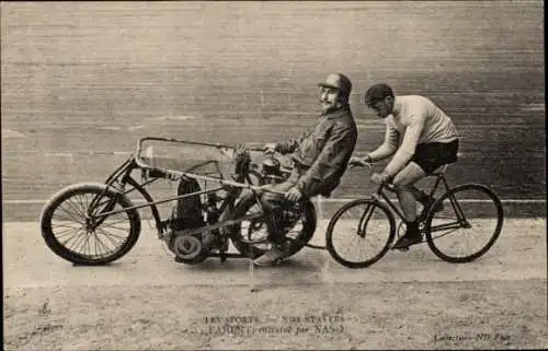 Ak Bahnradfahrer Georges Parent, Steher, mit Trainer Naso, Motorrad, Schrittmacher