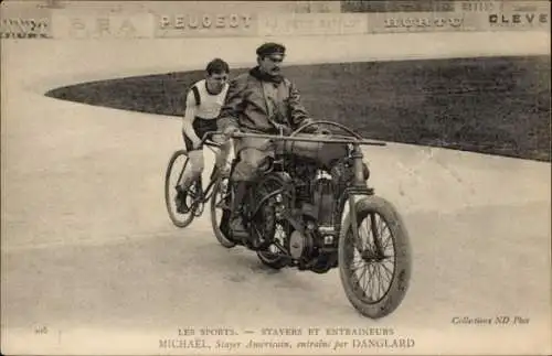 Ak Bahnradfahrer Michael, Steher, USA, mit Trainer Danglard, Schrittmacher