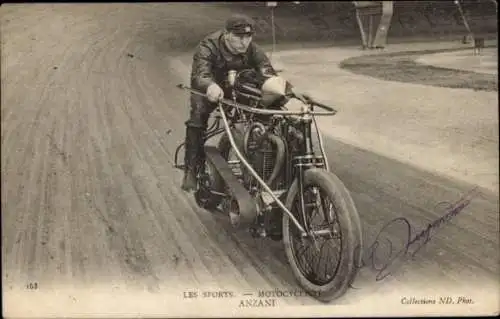 Ak Motorradfahrer Anzani, Rennbahn