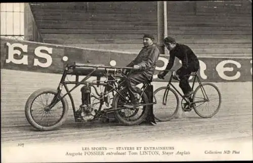 Ak Radrennsport, Bahnradfahrer Tom Linton, Steher, Trainer Auguste Fossier, Schrittmacher, Motorrad