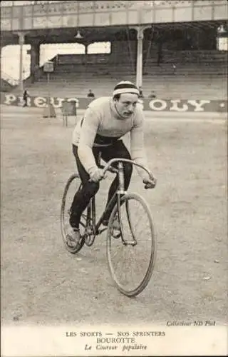 Ak Radrennfahrer Bourotte, Sprinter, auf einer Radrennbahn