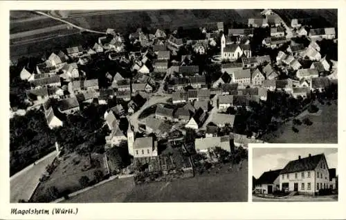 Ak Magolsheim Münsingen in Württemberg, Luftaufnahme eines Dorfes, viele Häuser, Gebäude, Landsch