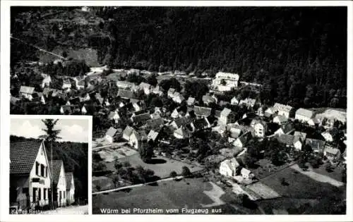 Ak Würm Pforzheim im Schwarzwald, Luftaufnahme von Würm, viele Häuser, Kaffee-Restaurant, Wald im