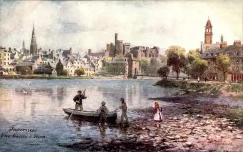 Künstler Ak Inverness Schottland, The Castle and Town, Boat, Children