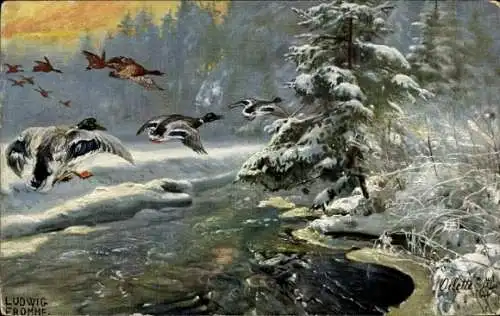 Künstler Ak Fromme, Ludwig, Enten im Flug im Winter